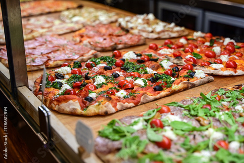 Authentic Italian pizza in a restaurant display window in Rome, Italy.  Different type of traditional Roman styple pizza . 