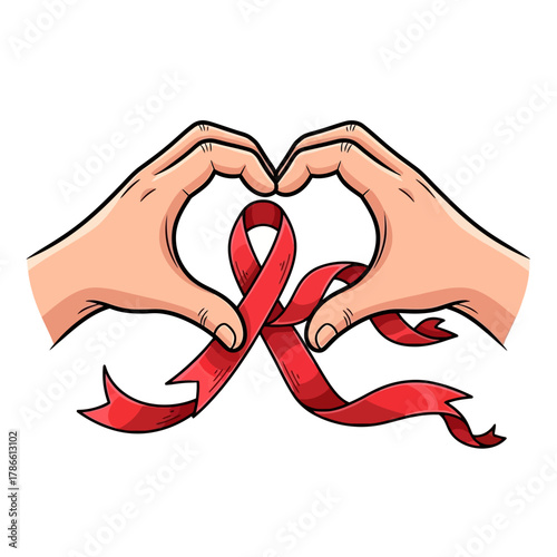 Hands forming a heart shape with a red ribbon for World AIDS Day, symbolizing support, health, and awareness