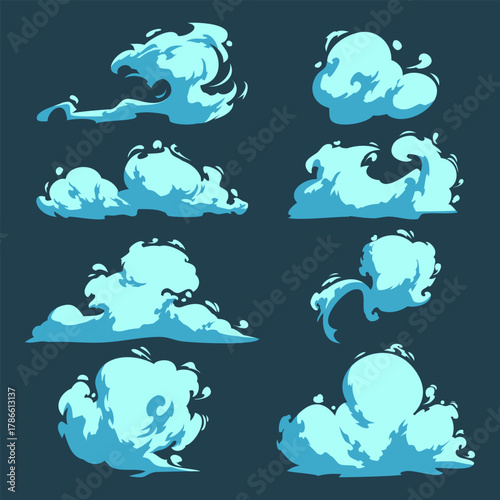 Stylized cloud effects a vector collection of dynamic blue splashes and waves