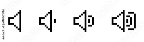 Speaker icons set, sound volume levels, pixel style, audio symbols, Pixel art, Vector illustration.