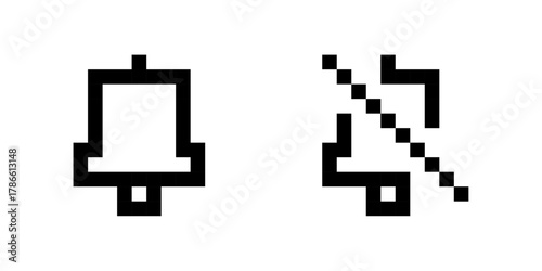 Notification icons set, bell and mute bell symbols, pixel style, alert icons, Pixel art, Vector illustration.
