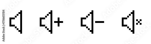 Pixel speaker icons, volume control symbols, audio adjustment set, Pixel art, Vector illustration.