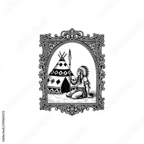 Detailed vintage engraving style illustration of a Native American chief or warrior kneeling outside a decorative teepee, holding a traditional spear