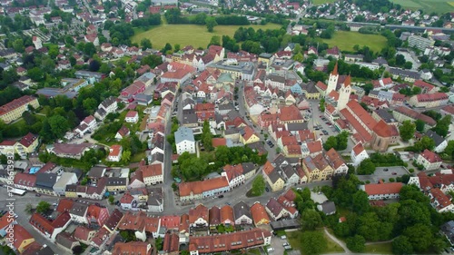 Aerial panorama view of the city and old town of Moosburg 85368, Bavaria in Germany on a sunny day in summer.