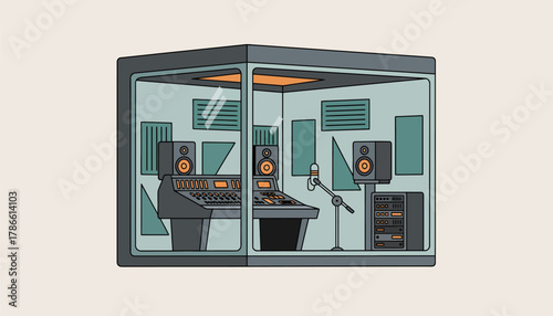 A sleek modern sound booth with a glass enclosure full of recording gear and acoustic panels emphasizing professionalgrade production.