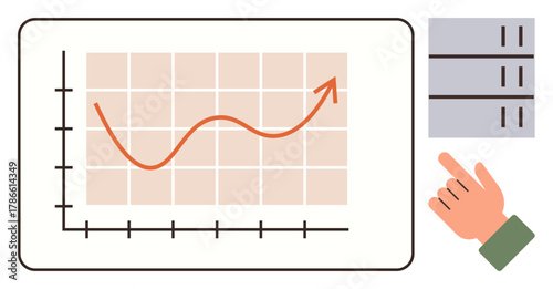 Red upward curve on a grid chart with hand pointing, side panel data table. Ideal for analytics, progress tracking, growth, business strategy, performance, trends education. Simple flat metaphor