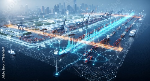 Global industrial network connectivity concept featuring world globe with cargo icons, connected trade routes, regional flags and industrial zones illustrating international logistics 