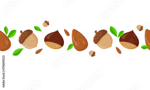 Almond, chestnut and acorn  seamless border with. Nuts and seeds illustration Can be used for print, kitchen decoration, diet and healthy food element. 