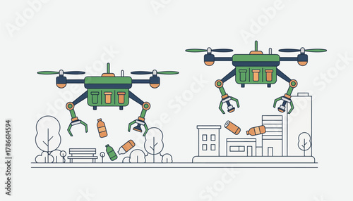 Waste management drones collecting litter from parks and streets equipped with waste sorting systems to enhance recycling efforts.