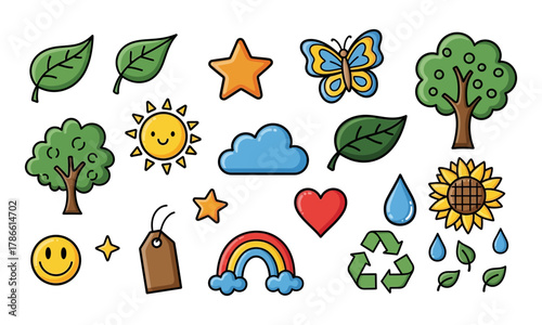 Collection of nature and ecofriendly icons, including trees, leaves, sun, and butterfly