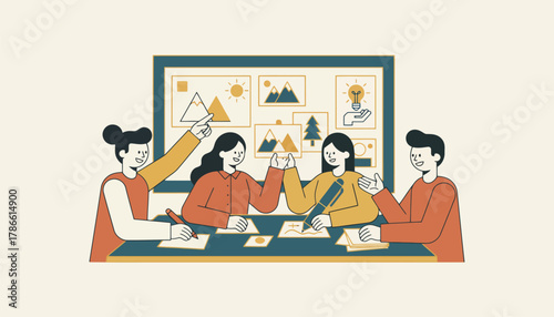 A group of friends collaborating at a table sharing ideas and ting out images for their collective vision board project.