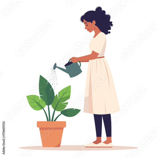 Woman Watering Houseplant Vector Illustration