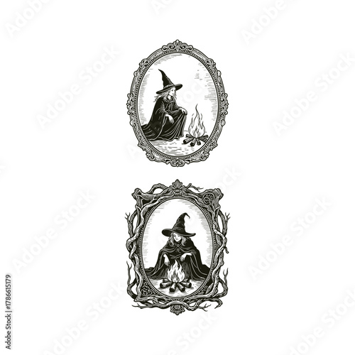 Set of two mystical vintage engraving style illustrations depicting a witch or sorceress sitting beside a small campfire