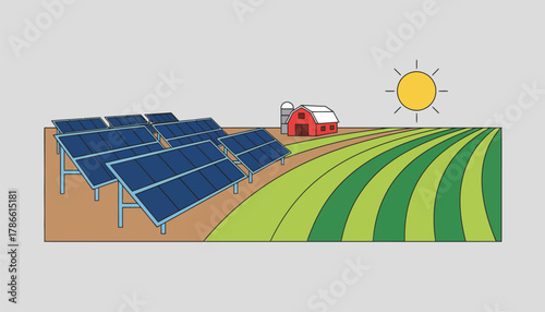 A landscape view of a solar installation alongside agricultural fields highlighting the harmony between technology and nature.