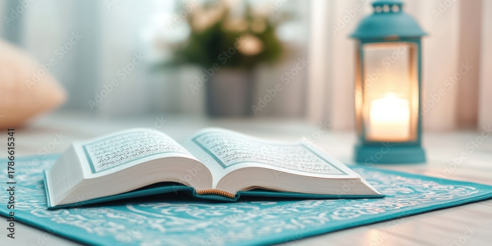 Obraz premium Serene Ramadan Atmosphere with an Open Quran, Lantern, and Soft Lighting Aesthetic in Close-Up
