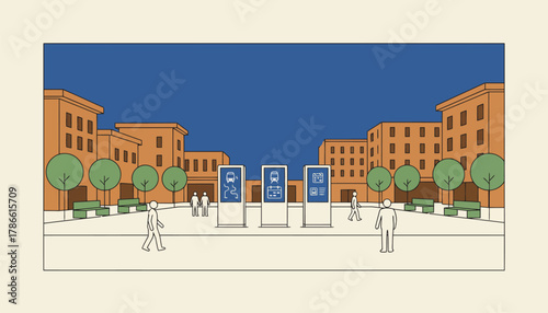 A pedestrianfriendly plaza with integrated digital information kiosks displaying realtime public transit information and local events.