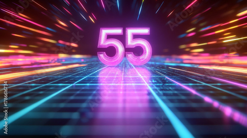 Fototapeta Naklejka Na Ścianę i Meble -  Neon Grid Night Scene With 55 Glowing Lines in a Cyberpunk Tunnel. A vivid neon-drenched tunnel fills with electric pink, purple and blue lights and glowing grid lines, creating a futuristic cyberpunk