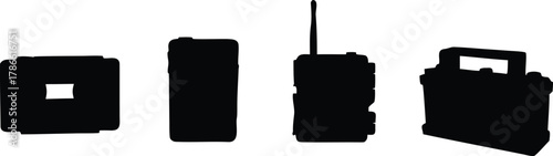 Four electronic devices silhouette isolated on white background