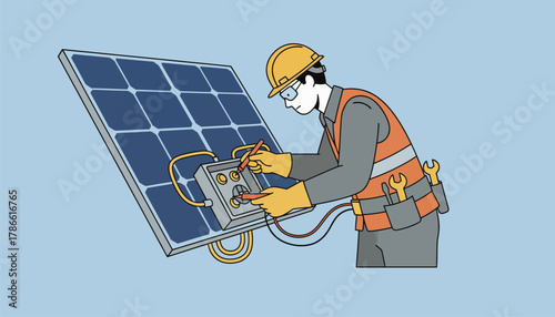 A technician inspecting solar panel connections equipped with tools and safety gear focused on ensuring optimal functionality.