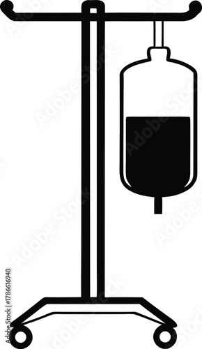 Medical iv drip stand with fluid bag silhouette isolated on white background