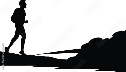 Silhouette of a runner on a path with rough terrain isolated on white background