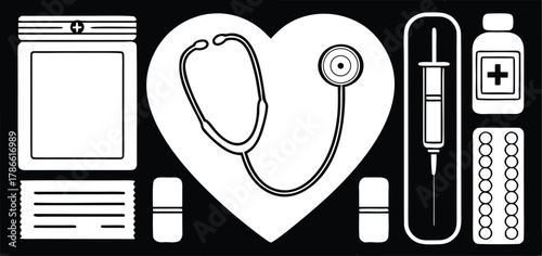 Medical icons silhouette heart shape with stethoscope and supplies isolated on white background