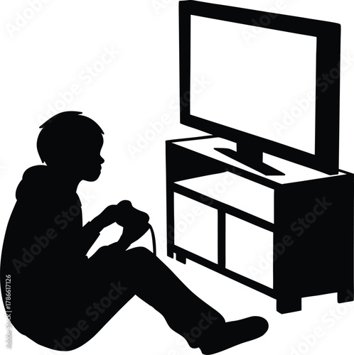 Silhouette of a person playing video games on a television isolated on white background