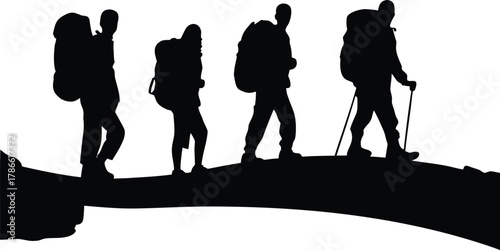 Four backpackers hiking together in silhouette isolated on white background
