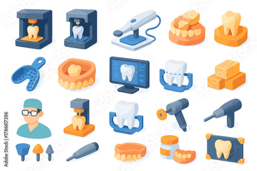 Isometric Dental Technology Icons — CAD/CAM, 3D Printing, Digital Scanning and Restoration Tools