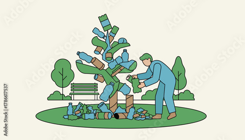 An artist creating ecoart installations in a public park using recycled materials to raise awareness about environmental issues.