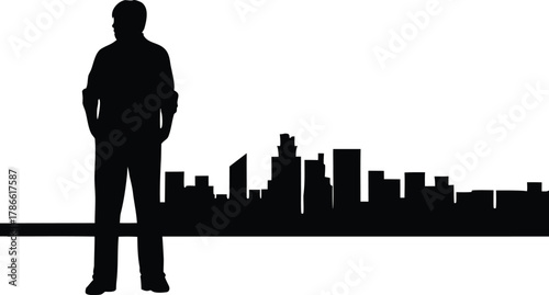 Man standing silhouette overlooking cityscape isolated on white background