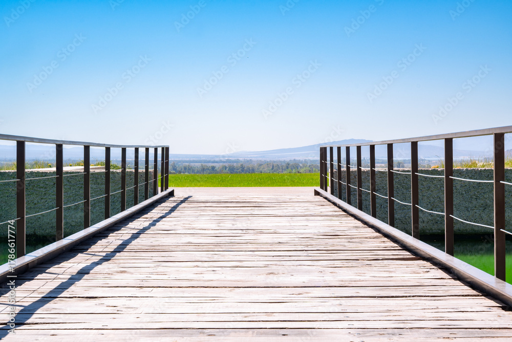 Fototapeta premium Pasarela de madera con barandas metálicas que conduce hacia un paisaje vitivinícola en el valle de San Juan, Argentina. La escena muestra una laguna artificial con reflejos verdes, rodeada de viñedos,