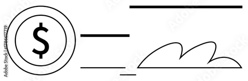 Dollar coin with motion lines beside a cloud shape. Ideal for finance, fintech, speed, technology, cloud computing, digital economy, innovation. A simple flat metaphor