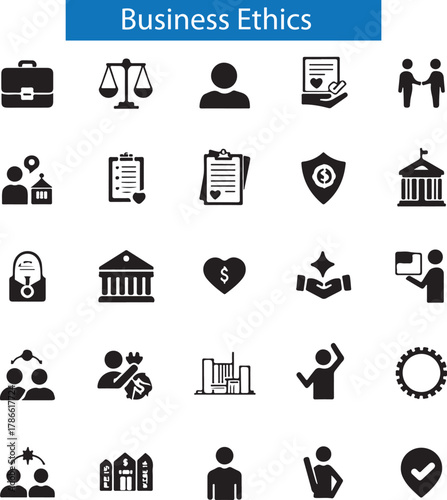 Business ethics icon set. Compliance, fairness, integrity, loyalty, trust, equality, code of conduct, honesty, anti corruption, transparency.
