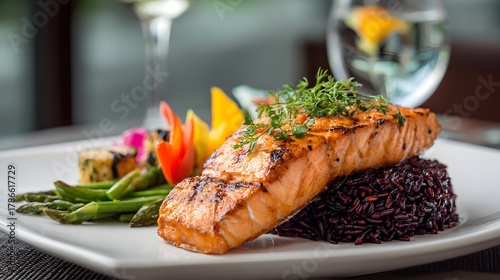 Plate of food with a piece of salmon and rice. The salmon is grilled and has a garnish of parsley. The rice is black and the plate is white