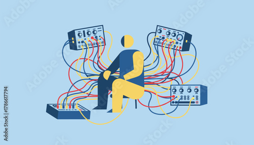 A synthesis workshop where an artist experiments with modular synthesizers cables interconnected creating a maze of sound possibilities.