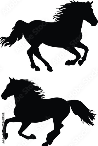 Two black horse silhouettes galloping isolated on white background