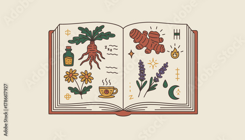 A beautifully illustrated herbal book open to a page on various remedies displaying handdrawn plants and their uses in a whimsical style.