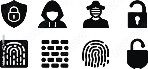 Cybersecurity icons featuring security shields padlocks and fingerprints silhouette isolated on white background
