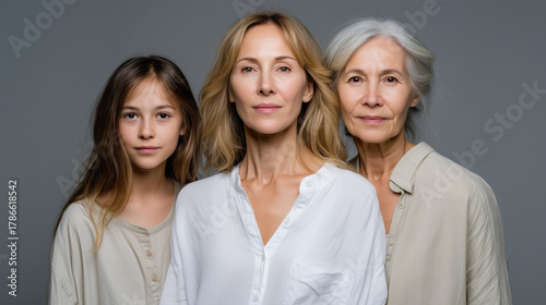 High-quality 4K conceptual portrait showing three generations of women a young girl, a middle-aged woman, and an elderly woman standing side by side against a neutral gray backgrou