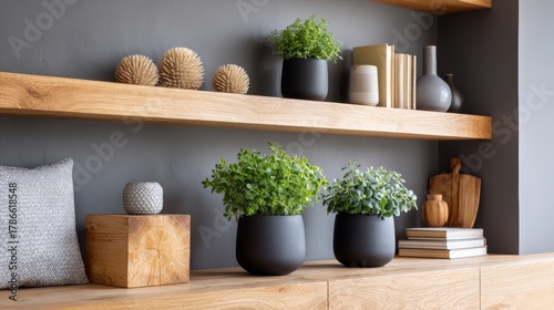 Modern home decor featuring greenery and wooden shelves in a cozy living space