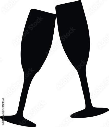 Two champagne flutes clinking silhouette isolated on white background