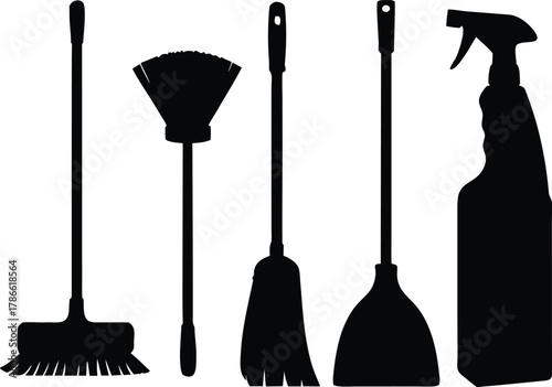 Collection of cleaning tools in silhouette isolated on white background
