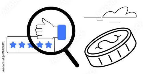 Thumb-up icon under magnifying glass with rating stars and a coin. Ideal for customer feedback, reviews, quality assurance, money, trust, analysis, and growth. Modern simple flat metaphor