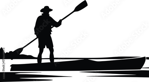 Man in a hat paddling a canoe silhouette isolated on white background