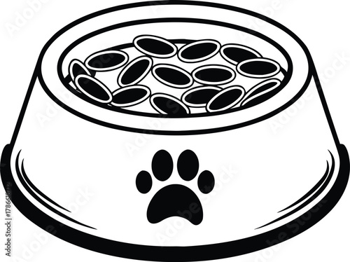 Hand drawn silhouette of a dog food bowl filled with kibble isolated on white background