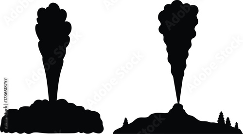 Two dark smoke plumes rising from ground in silhouette isolated on white background