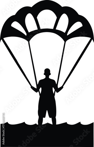 Parachutist silhouette descending with parachute isolated on white background