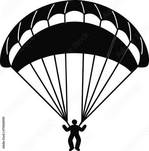 Black silhouette of a skydiver descending with a parachute isolated on white background