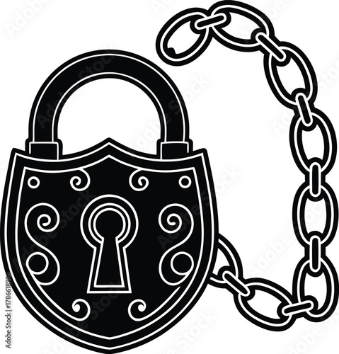 Vintage padlock with chain silhouette isolated on white background